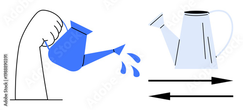 Gardening, sustainability, water conservation, minimalism, irrigation, environmental awareness. A hand pouring water from a watering can with directional arrows and a secondary watering can