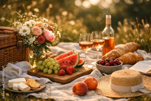 Romantic summer picnic at golden hour on a linen blanket with a wicker basket and floral bouquet, rose wine in glasses and bottle, fresh fruit, croissants, cheese, and a straw hat