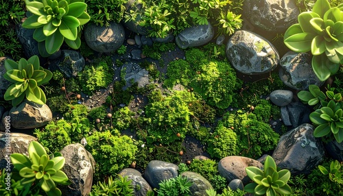 Nature Zen Garden Background with Realistic Moss, Rocks, and Succulents