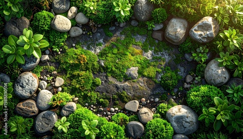 Top View Mossy Stones and Green Plants Frame Background with Copy Space