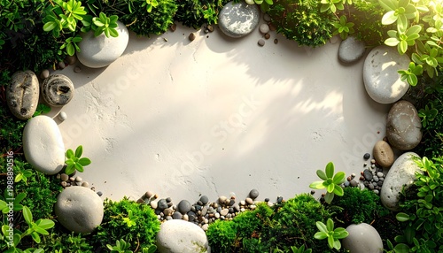 Zen Garden Mockup with White Stones, Moss, and Sunlight Shadows, Blank Sand Surface Framed with Pebbles, Green Moss, and Succulents