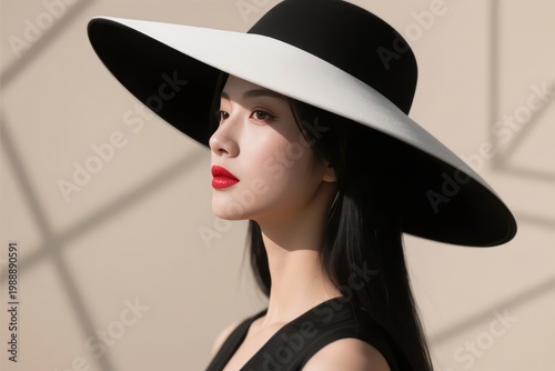 Woman wearing a wide-brimmed black and white hat, side profile against a geometric background