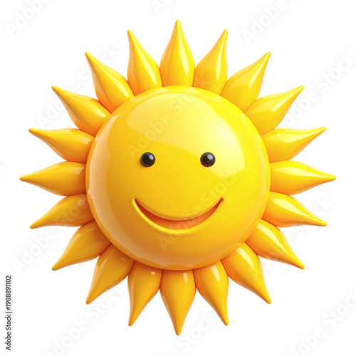 A cheerful and friendly yellow 3D cartoon sun with a big smile, glossy texture, and bright, radiating rays, perfect for summer designs and positive themes 