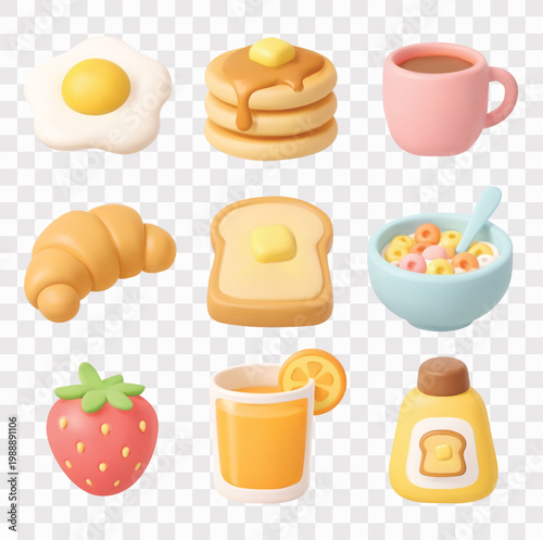 Delicious Breakfast l Vector Icon Set | 3D icon set | fried egg, pancakes , hot coffee, croissant,  toasted bread with butter, bowl of cereal, strawberry, orange juice, bottle of honey or spread