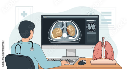 Doctor analyzing lung CT scan on computer screen, medical diagnosis concept