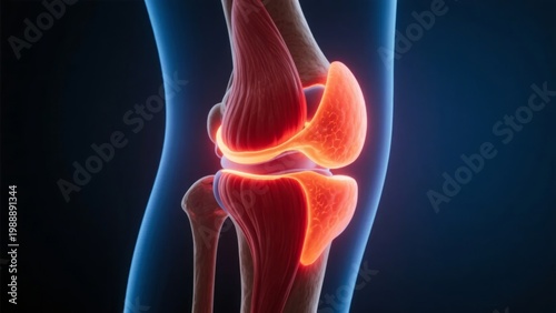 Anatomical illustration of a human knee joint highlighting bones and cartilage