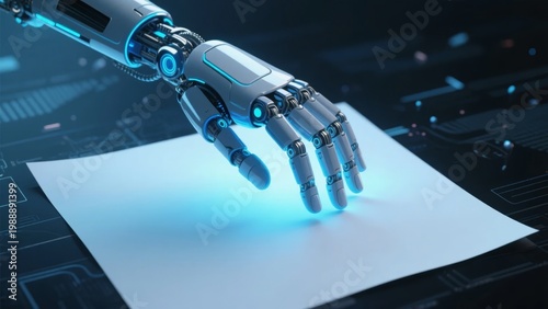 Robotic hand with glowing blue joints rests on a blank sheet of paper against a digital circuit background