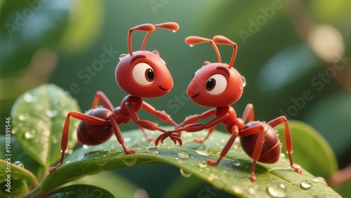 Two animated ants interacting on a dew-covered leaf in a natural setting