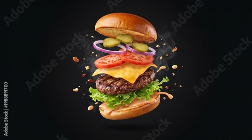 Deconstructed Burger: A mouthwatering burger is artfully disassembled, with each ingredient suspended mid-air against a captivating dark background.