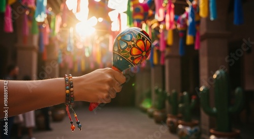 Mano sosteniendo maraca mexicana decorada en festival vibrante de Cinco de Mayo, ambiente festivo con decoraciones coloridas, cactus y luz solar brillante, celebración cultural.