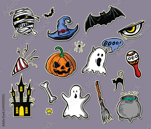 Halloween sticker set. Witch, pumpkins, ghosts, monster, skeleton. Characters and elements for halloween. 
