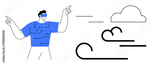 Virtual reality, digital innovation, cloud computing, future technologies, user interaction, immersive experiences. A person using VR with cloud and motion graphic elements. Virtual reality