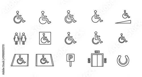 Accessibility Line Icons Collection Wheelchair Ramp Restroom Parking Elevator EPS10 Stock.eps