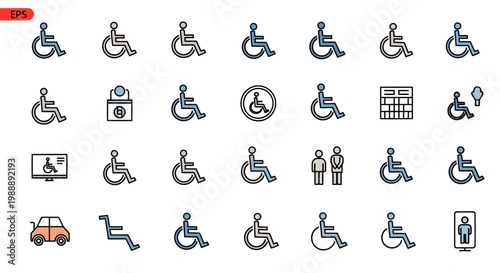 Set of wheelchair icons, disability and accessibility symbols, linear and filled style