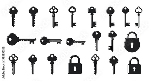 Set of vintage keys and padlocks silhouettes