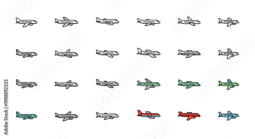 Diverse Airplane Vector Icons Simple Flat Style for Travel and Transportation EPS10 Stock.eps