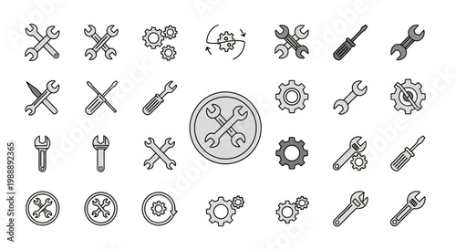 Set of repair and maintenance icons, including wrenches, screwdrivers, and gears
