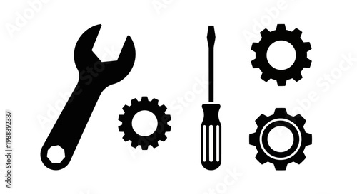Set of repair tools icons including wrench, screwdriver and gear wheels