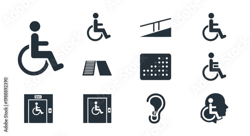 Set of accessibility icons including wheelchair access, ramp, braille, elevator, and hearing aid