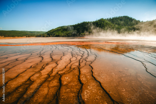 Tableau sur toile Geothermal terraces and steam at Midway Geyser Basin in Yellowstone National Par