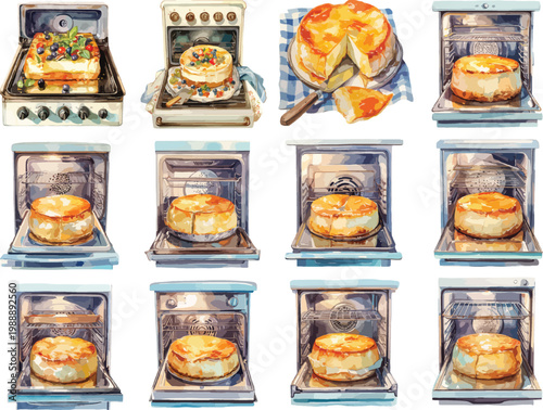 Watercolor Homemade Cake Baking in Oven Clipart