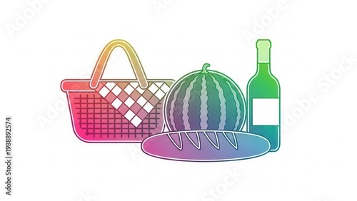 Colorful gradient picnic essentials illustration for outdoor summer gatherings and relaxation