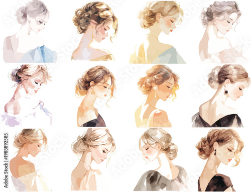 Photos Watercolor Elegant Woman Profile and Bun Hairstyle Clipart