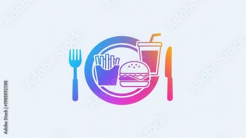 Vibrant gradient icon illustrating a classic fast-food meal of burger fries and a drink served