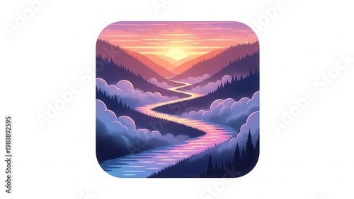 Vibrant river meanders through a serene valley at sunrise, flanked by majestic pine trees and