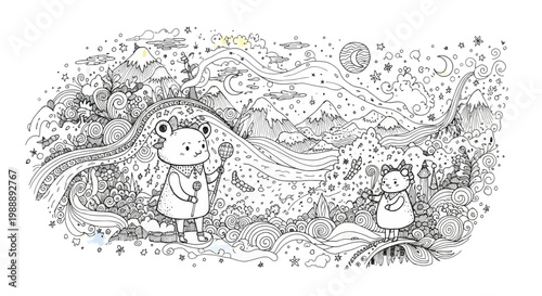 Whimsical Doodle Illustration of Cute Characters in a Fantasy Landscape