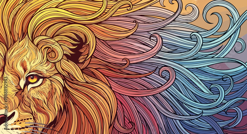 Colorful Artistic Lion Portrait with Flowing Mane Illustration