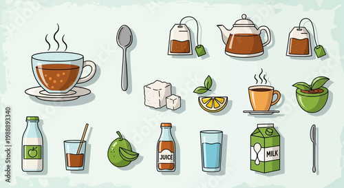 Hand Drawn Beverage and Breakfast Drink Icons Set