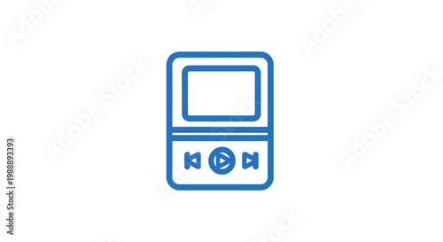 A simple blue line icon depicting a vintage portable cassette player with playback controls high quality