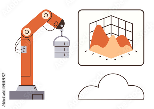 Industry 4.0, robotics, data analytics, cloud technology, manufacturing processes, technological innovation. Robotic arm holding object with 3D chart and cloud symbol. Robotics and data analytics