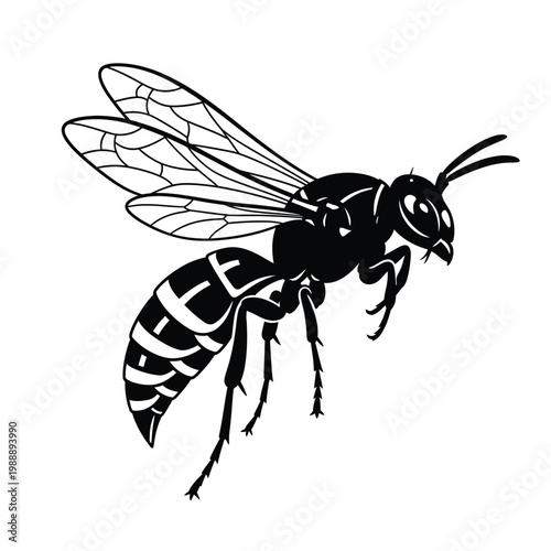 A wasp is depicted in flight with detailed wings and body.