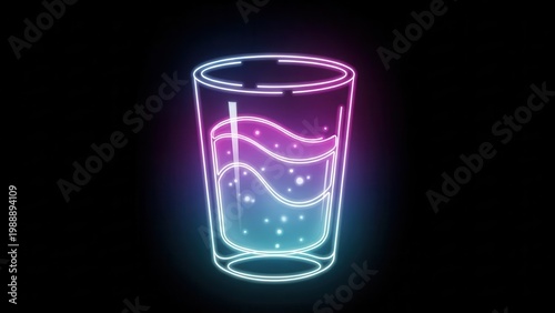 Vibrant neon glowing liquid in a glass with sparkling bubbles creating a futuristic beverage