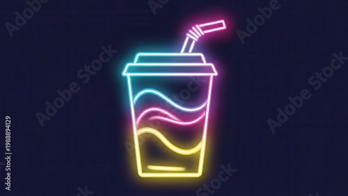 Vibrant neon glow beverage cup with straw illustration illuminating a dark background creating a
