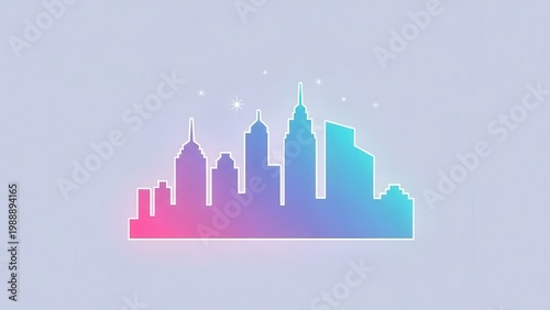 Modern vibrant urban skyline silhouette glowing with a dynamic pink to blue gradient against a