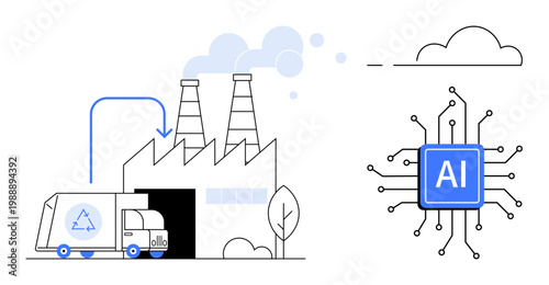 AI technology, smart automation, industry innovation, waste reduction, sustainability, energy efficiency. Recycling truck unloading at factory and AI circuit board. AI technology and smart automation