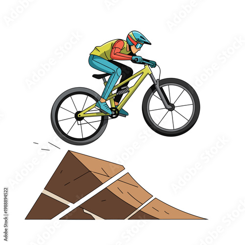 Dynamic illustration of a mountain biker performing an impressive jump over a dirt ramp, showcasing extreme sport action and adventurous cycling in a vibrant cartoon style