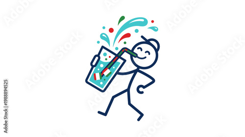 Happy stick figure enjoying a refreshing drink with colorful splashes.