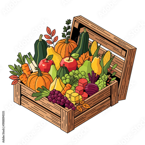 An abundant wooden crate filled with colorful, fresh organic fruits and vegetables, celebrating autumn harvest, healthy eating, and nature's wholesome bounty