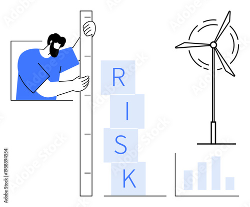 Risk management, renewable energy, sustainability practices, data analysis, performance measurement, decision-making. Person measuring stacked risk blocks, wind turbine and bar graph. Risk management