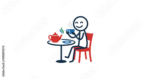 Happy stick figure enjoying tea at a small table with a red teapot.