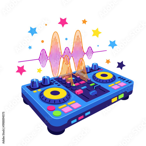 Vibrant DJ sound mixer with colorful equalizer, stars, and musical waves, perfect for music events and entertainment industry visuals