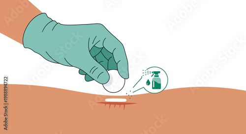 Gloved hand applying antiseptic to wound with cotton swab, medical care concept