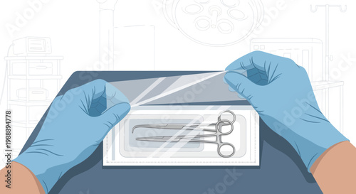 Hands in Blue Gloves Opening Sterile Surgical Instrument Package