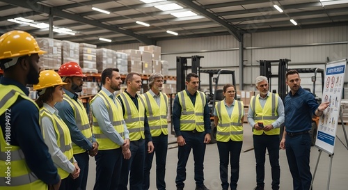Warehouse Team Meeting Safety Briefing Discussion with Manager.