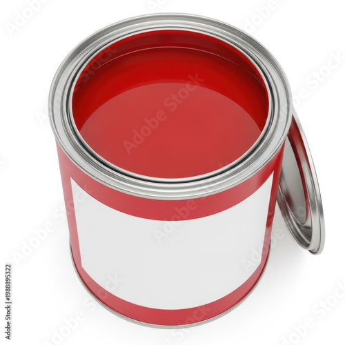 Open red paint can with a silver handle