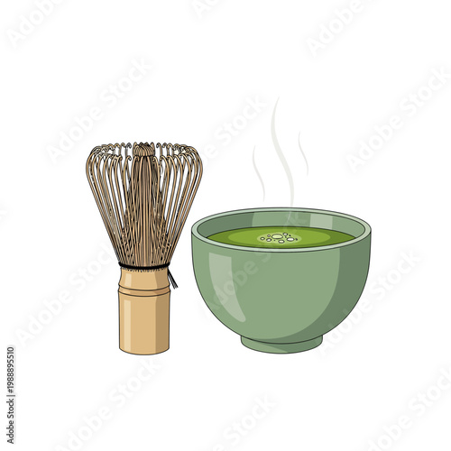 A serene illustration of traditional Japanese matcha tea preparation, featuring a bamboo whisk alongside a steaming bowl of vibrant green tea, embodying health and mindful ritual